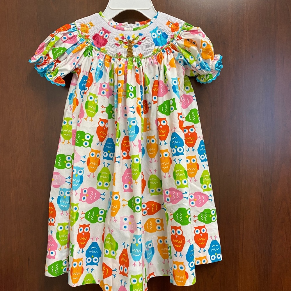 Colorful owl smocked dress